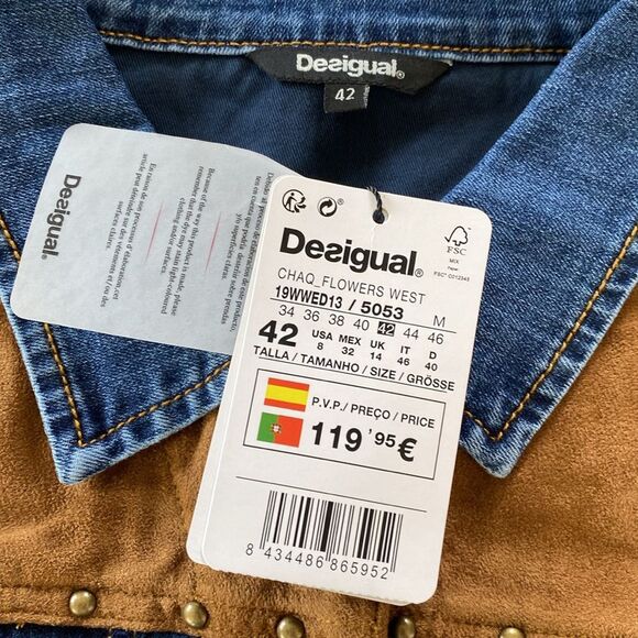 Desiqual Embroidered Flowers Western Denim Jean Jacket Stretchy Mixed Media Boho - Picture 10 of 16